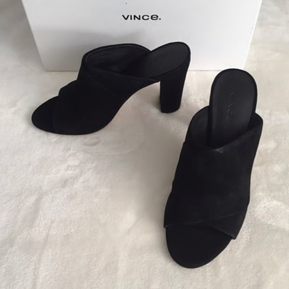 Super Soft Vince Heath Black Suede Cross Strap Mule Sandal Size 9.5/39.5